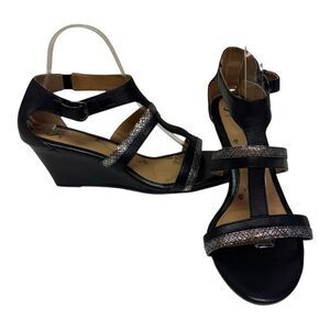 Sofft Pippa Black Wedge Sandals‎ T Strap Ankle Strap Comfort Shoes